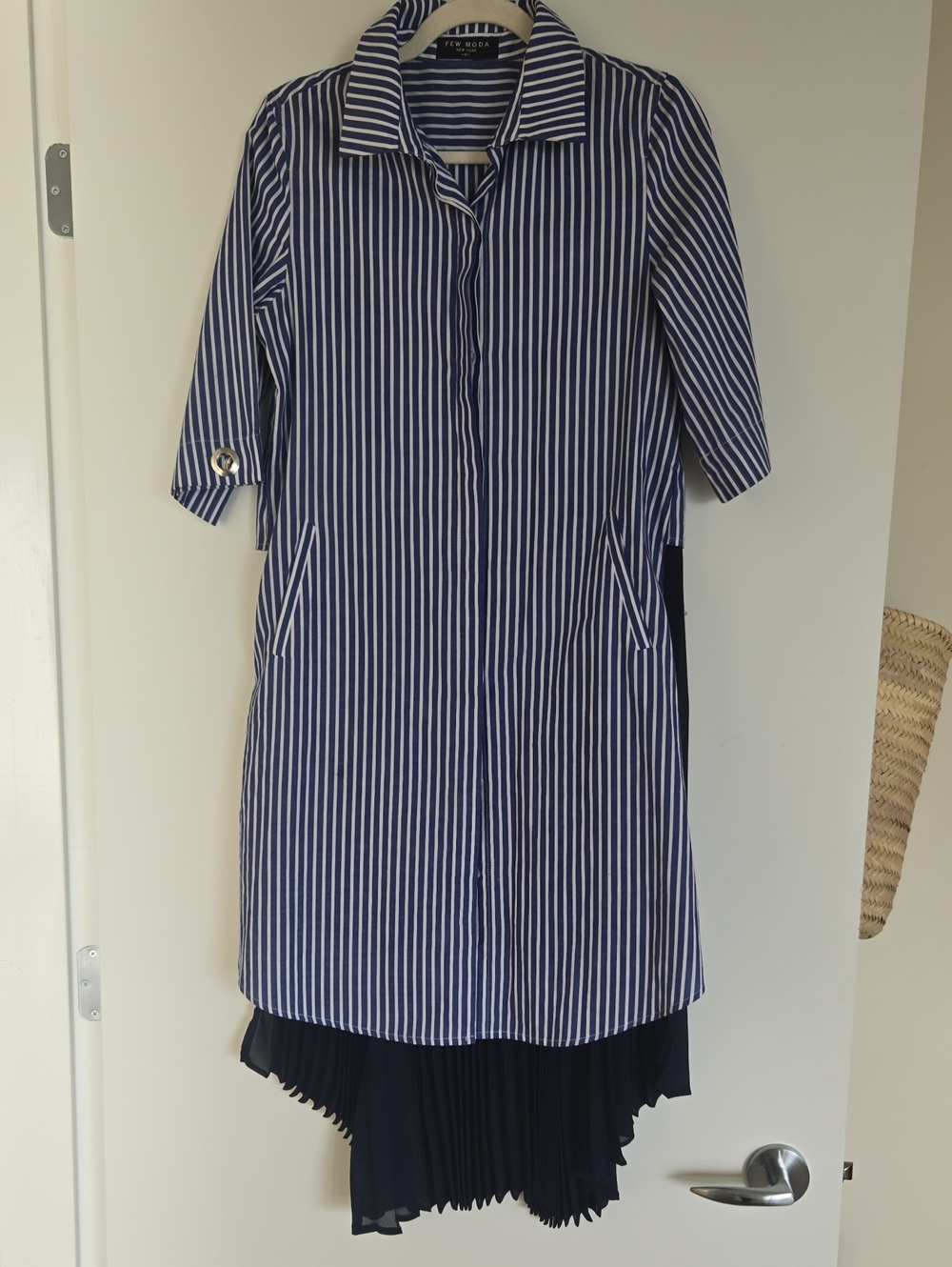 Shirt DRESS Striped Navy and White Shirt Dress with Pleated BACK HEM